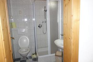 uma casa de banho com um chuveiro, um WC e um lavatório. em Ferienhaus Inge em Sankt Leonhard im Pitztal
