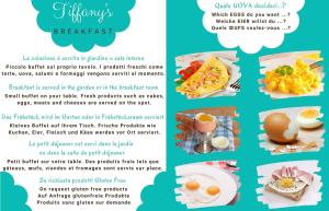 un prospectus pour le petit-déjeuner avec une photo d'œufs et de nourriture dans l'établissement Bed & Breakfast Tiffany, à Domodossola