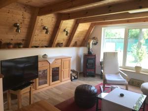 a living room with wooden walls and a flat screen tv at Matilda I-die außergewöhnliche Finnhütte in Ahrensberg