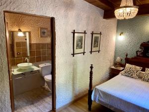 a bedroom with a bed and a sink and a toilet at Finca Ses Fontanelles in Andratx
