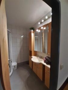 łazienka z umywalką i lustrem w obiekcie Appartement Spath w Kaprunie