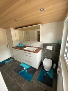 uma casa de banho com um lavatório e um WC em Haus Raid em Krumbach