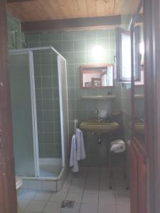 ein Badezimmer mit Dusche und Waschbecken in der Unterkunft Erdő szélén Házikó Gyenesdiás in Gyenesdiás