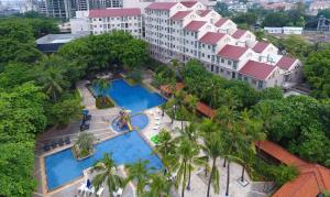 an aerial view of a resort with a swimming pool at Discovery Ancol in Jakarta