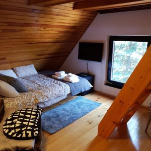 1 dormitorio con cama y ventana grande en Planinska kuća sa dvorištem en Zlatibor