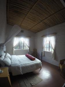 1 dormitorio con 1 cama y 2 ventanas en Simonskloof Mountain Retreat, en Montagu