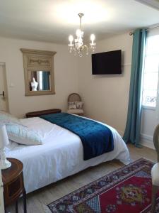 a bedroom with a large bed and a chandelier at Au Cœur de Ménestérol in Montpon-Ménestérol