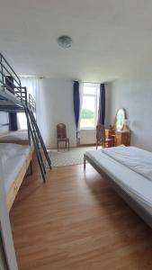 sypialnia z 2 łóżkami piętrowymi i biurkiem w obiekcie Old School Villa w mieście Nova Vas