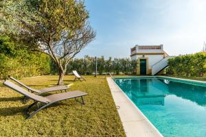 ein Swimmingpool mit Liegestühlen neben einem Haus in der Unterkunft Vivienda Rural Olivar de San Telmo in Arcos de la Frontera