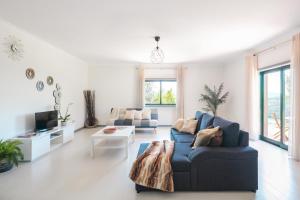 ein Wohnzimmer mit einem blauen Sofa und einem Fernseher in der Unterkunft Stunning 3-bed-2-bath villa over Douro River;Porto city - WIFI-sleep 6-10 in Aveiro