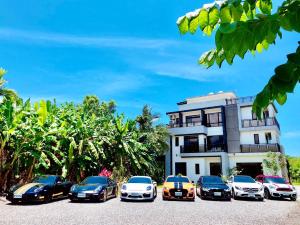 a group of cars parked in front of a building at Hu Moon Lake in Zhixue