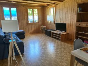 ein Wohnzimmer mit einem blauen Sofa und einem TV in der Unterkunft Eggelried, wo die Natur zu Hause ist.. in Emmenmatt