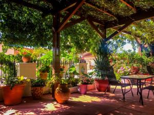 a patio with a table and chairs and potted plants at Ulysses Hotel in Methoni