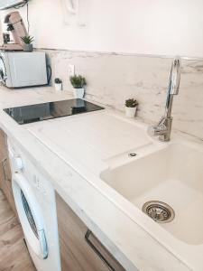 a white kitchen with a sink and a microwave at La Loggia - Appartement Terrasse + Garage à Grenoble in Grenoble