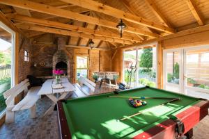 a pool table in a living room with a fireplace at Pensjonat Bursztyn in Dąbki