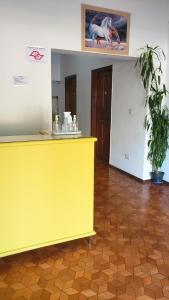 einem gelben Tresen in einem Raum mit Topfpflanze in der Unterkunft Pousada Integração Buritizal in Buritizal