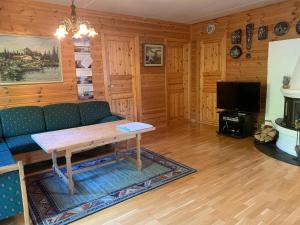 NoresundにあるNorefri apartment with sauna and Wi-Fi at Nedre Norefjellのリビングルーム(ソファ、テーブル付)