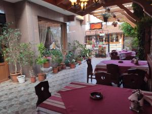 a restaurant with tables and chairs and potted plants at Family Hotel Denica in Obzor