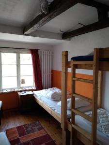 1 dormitorio con 2 literas y ventana en Ferienwohnung in Welzin, en Damshagen