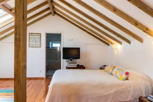 een slaapkamer met een groot bed en een televisie bij Sintra • Banzão House with Swimming Pool in Nafarros