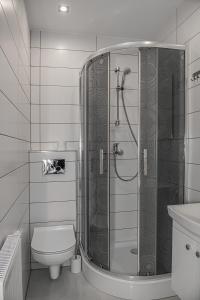 een badkamer met een douche en een toilet bij Morski Diament in Władysławowo