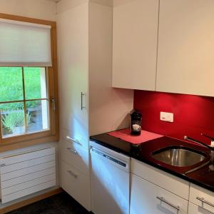 eine Küche mit einer Spüle und einer roten Arbeitsplatte in der Unterkunft Chalet Butterfly in Adelboden