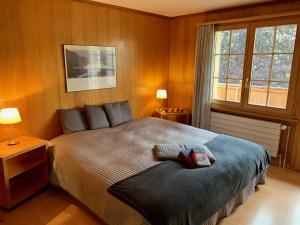 1 dormitorio con 1 cama en una habitación con ventana en Chalet Butterfly, en Adelboden