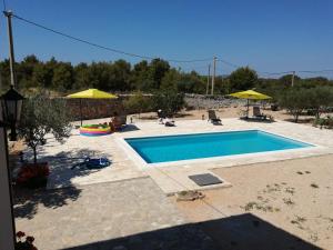 a swimming pool in a yard with umbrellas at Marcelovi dvori in Pirovac