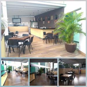 eine Collage mit Fotos eines Restaurants mit einem Tisch und einer Pflanze in der Unterkunft Hotel Ravenna in Divinópolis