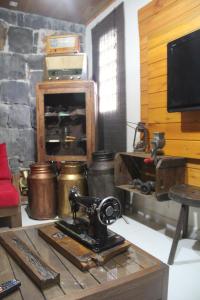 Zimmer mit einer Nähmaschine auf einem Holztisch in der Unterkunft Aconchego da Serra Edícula in São Joaquim