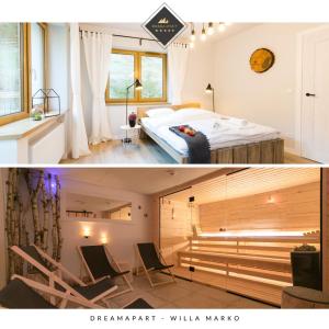 a room with a bed and a room with chairs at Apartamenty Willa Marko z sauną, grillowiskiem i rowerownią - Dream Apart in Szczyrk