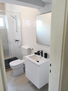 a white bathroom with a toilet and a sink at Apartments Katarina in Stara Novalja