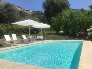 a swimming pool with an umbrella and some chairs and tables at Le Coste Casa Vacanze in Scarlino
