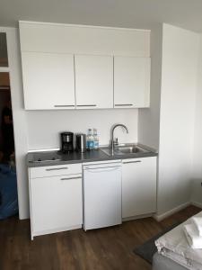 a kitchen with white cabinets and a sink at Apartment 9, OG 23 in Schleswig