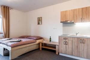 a bedroom with a bed and a sink and a kitchen at Apartmány Summit in Bešeňová