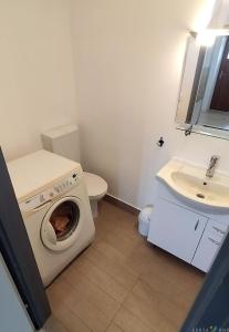 een badkamer met een wasmachine en een wastafel bij Pure nature coastal apartment VLASTA in Ankaran