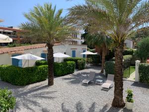 un patio con 2 palmeras, sillas y sombrillas en Hotel l'Etape en Villeneuve-Loubet