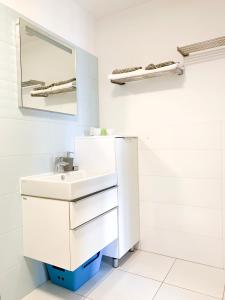 a white bathroom with a sink and a mirror at Apartament Livia in Sianozety