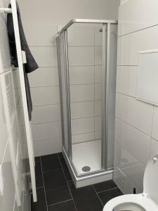a shower stall in a bathroom with a toilet at 17 Bett Kapazität im Berliner Zentrum in Berlin