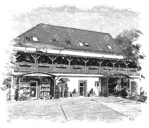 a black and white drawing of a store at Penzion ORION in Petrovice