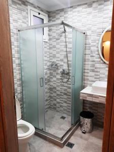a bathroom with a shower with a toilet and a sink at Kohyli Apartments in Skala Rachoniou