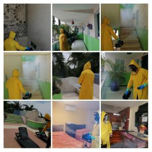 a collage of pictures of a man in a raincoat cleaning a house at Hotel Chapul Inn in Acapulco