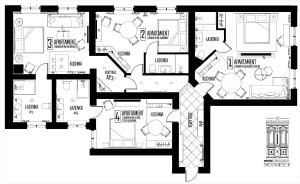 a black and white floor plan of a house at DK Premium Śródmieście in Olsztyn