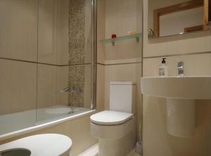 La salle de bains est pourvue de toilettes, d'une douche et d'un lavabo. dans l'établissement Os limoeiros do cura, à Foz