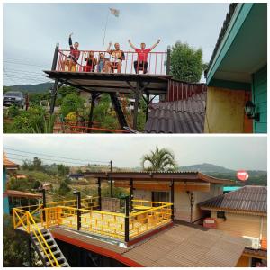 two pictures of people on a deck of a house at พักดีโฮม วิวหมอก เขาค้อ in Khao Kho