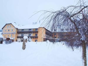 a building in the snow with a tree in the foreground at Waldviertler-Hof in Langschlag