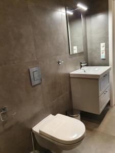 a bathroom with a toilet and a sink and a mirror at Nygårdsgaten apartments in Bergen +10 photos