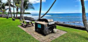a grill and a bench next to the ocean at Ali'i Banyan Breeze in Kailua-Kona