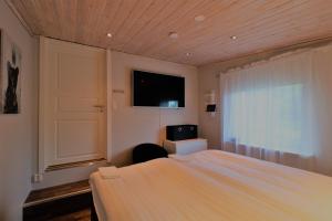 a bedroom with a bed and a window and a television at RIBO Apartment Aurora in Kiruna
