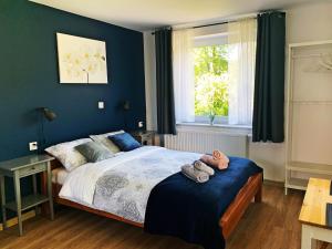 een slaapkamer met een bed met blauwe muren en een raam bij Apartamenty Nad Rzeką in Polanica-Zdrój